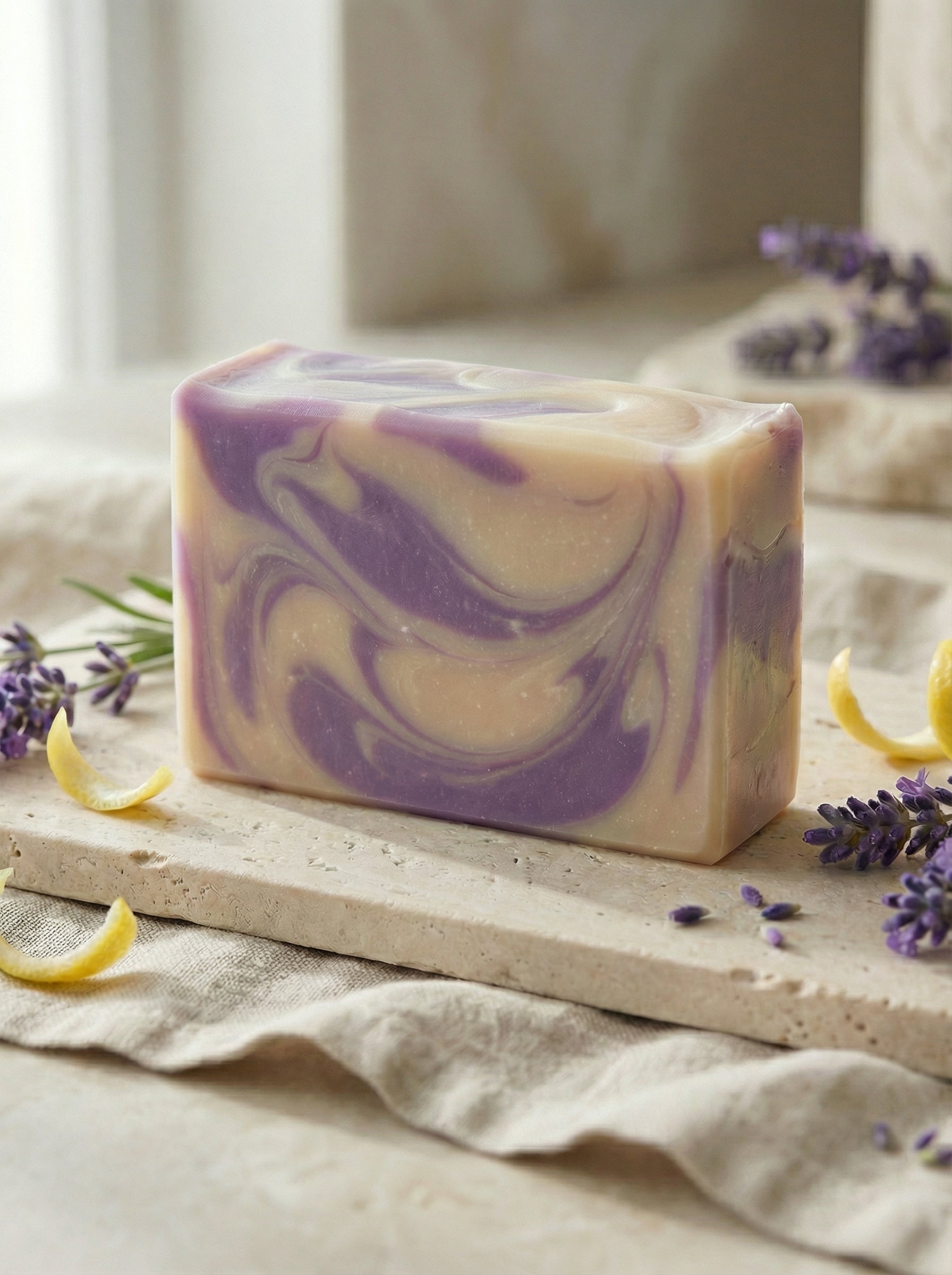Swirled purple and white soap bar on a wooden board with lavender flowers and lemon slices.