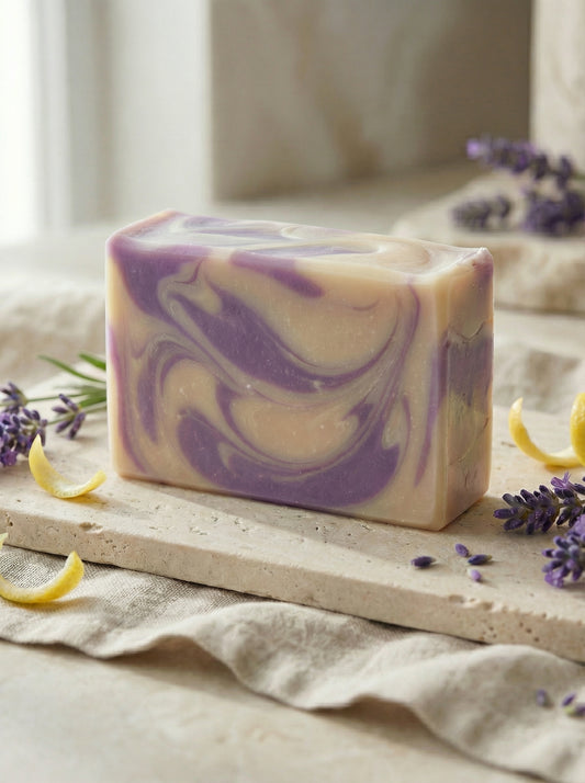 Swirled purple and white soap bar on a wooden board with lavender flowers and lemon slices.